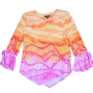Top Alfani Ombre para mujer pequeño mediano manga 3/4 naranja rosa dobladillo en V puño con volantes - Imagen 1 de 11