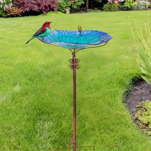 Glass Bird Bath Outside Wild Bird Feeder Garden Handpainted Flower Feeder Stand - Picture 1 of 12