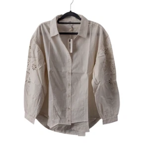 Good Hart Eyelet Puff Sleeve Button Up Shirt Womens Ivory Cream Tunic Tencel Top - Picture 1 of 4