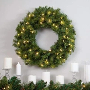 Pre-Lit Artificial Christmas Wreath, Green, Norwood Fir, White Lights 24 Inches - Picture 1 of 7