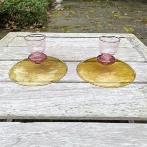 Anthropologie Candle Stick Holder Thin Clear Glass Yellow Pink Contemporary Set - Picture 1 of 9