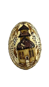 Pyrography Natural Egg Shell Decorative Folk Art Etched Rustic Church Scene - Picture 1 of 9