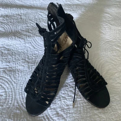 Sam Edalman Deleece Sandals Women 10M Black Suede Comfort Gladiator Wedge Shoes — 第 1/4 张图片