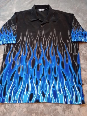 Vintage Dragonfly Clothing Button Up Shirt Blue Flames Y2K 90s All Over Print XL - Image 1 of 4