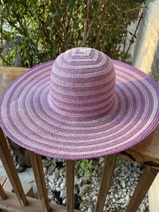 Midwest Striped 2 Tone purple floppy sun hat 17” Dia O/S Beach Garden Woven - Picture 1 of 8