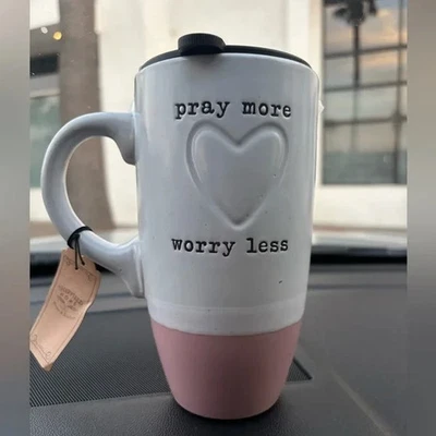 Inspirational White and Pink Ceramic Travel Mug-"Pray More, Worry Less" - Image 1 of 3
