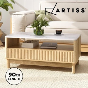 Artiss Coffee Table End Table Shelf Drawer Marble Effect Wood&White 90CM - Picture 1 of 9