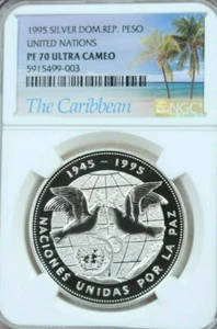 1995 DOMINICAN REPUBLIC SILVER 1 PESO UNITED NATIONS NGC PF 70 ULTRA CAMEO RARE - Picture 1 of 4