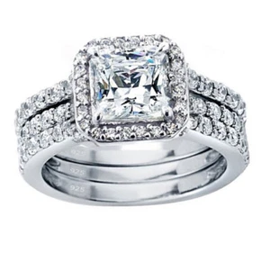 3 PCS Women Princess Cut 925 Solid Sterling Silver Wedding Engagement Rings Set - Picture 1 of 5