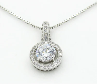 925 Sterling Silver Lab Diamond Micro Pave Halo Solitaire Pendant Necklace ST2 - Image 1 of 3