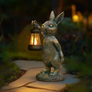 Rabbit Garden Statues with Solar Lantern Bunny Outdoor Resin Sculpture for Patio - Picture 1 of 12