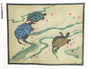 Hand Painted Needlepoint Canvas POND TURTLES 18 Count Kit Yarn Floss  - Picture 1 of 5