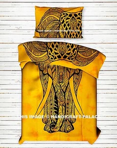 Elephant Printed Yellow Duvet Cover Indien Cotton Twin Quilt Set Bedding Decor - Picture 1 of 4