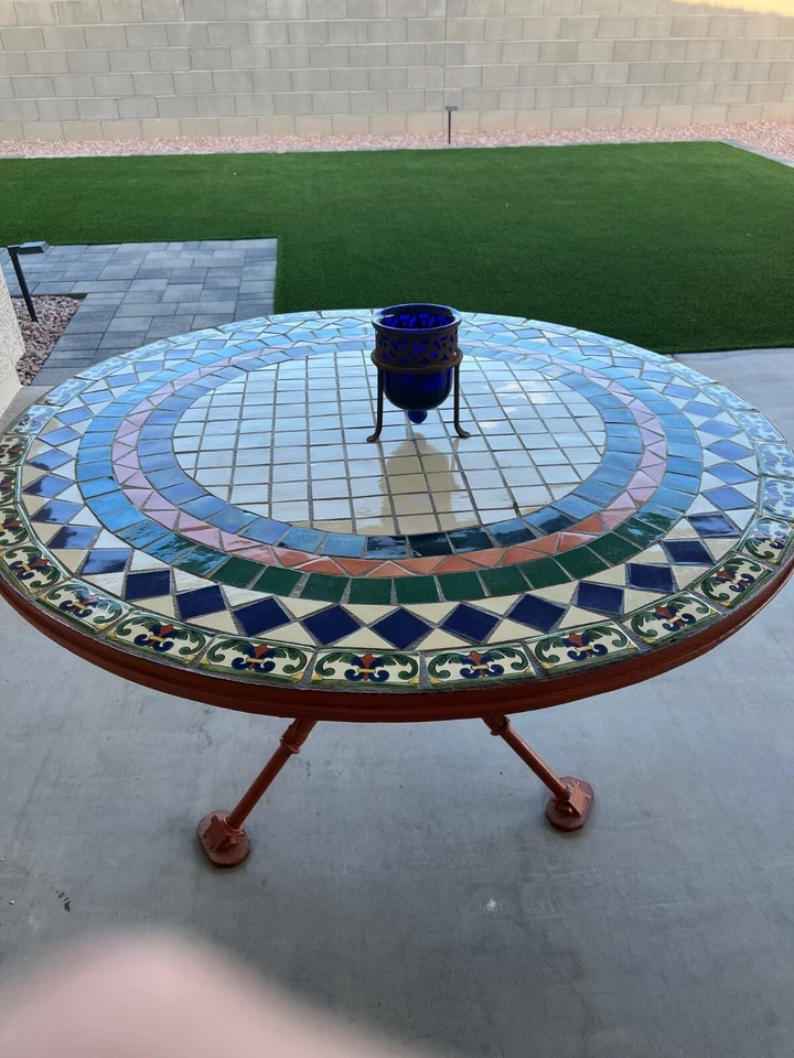 Lovely Talavera Round Dining Table 48” Top Colored Tile Incased in Painted Metal - Image 1 of 4