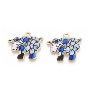 5 BRIGHTLY COLOURED BLUE SHEEP SHAPED ENAMEL GOLD TONE CHARM PENDANTS - Picture 1 of 2