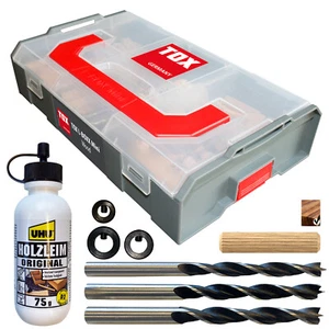 TOX Holz Dübelsortiment Wood+Bohrer+Holzleim Dübel Holzdübel 3 Grössen a - Picture 1 of 24
