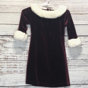 Jona Michelle Dress Girls 3T Burgundy Velvet White Faux Fur Trim Back Tie Party - Picture 1 of 16