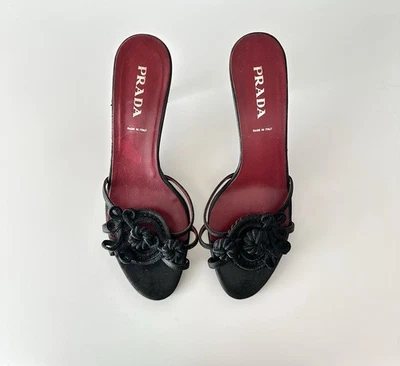 Prada Black Leather Kitten Sandals Heels Size EUR 38 US 8 - Image 1 of 4