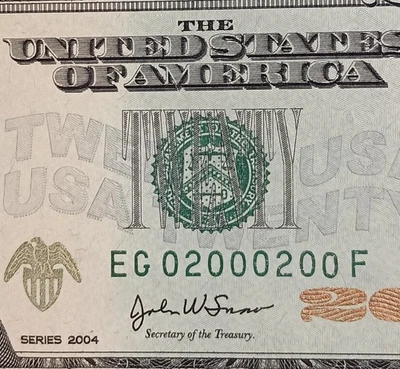 EG02000200F $20 Repeater Binary 6 of a Kind 2s Fancy Serial Number 2004 Note CU  - Image 1 of 3