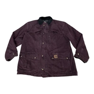 CARHARTT C10 BRG Blanket Lined Jacket Coat Size L Burgundy Barn Chore 90s USA - Picture 1 of 13