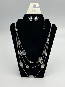 C1946 Stacked Multi-strand Silver Rhodium Necklace and Earring Set - New - Picture 1 of 6