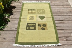 Nepal Rug 3x4 Handwoven Green Modern Pattern Kilim 94x145cm Natural Wool Rug - Picture 1 of 7