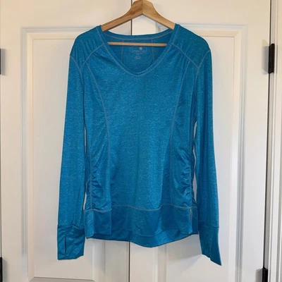 Blusa atlética feminina Tangerine tamanho G manga longa azul-petróleo brilhante gola V franzida - Imagem 1 de 4