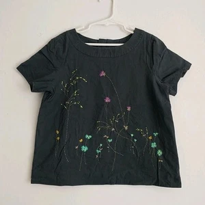 Bonpoint Top Blouse Girl 10 Black Gray Embroidery Floral Short Sleeve Cotton Zip - Picture 1 of 8