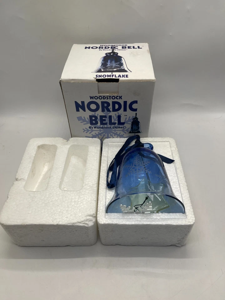 Woodstock Chimes Nordic Bell Wind Chime Etched Snowflakes Blue Blown Glass - Image 1 of 4