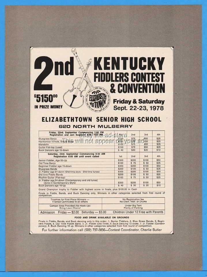1978 2nd Kentucky Fiddlers Contest Elizabethtown Bluegrass Banjo Mandolin Ad - Image 1 of 1