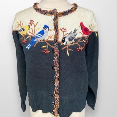 Design Options Philip Jane Gordon Med Cardigan Sweater Birds Beaded Embroidered - Image 1 of 4