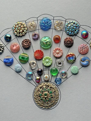 Old HAND FAN Shape Fancy Jewel Like Button Card Lot - Image 1 of 4