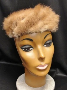 Vintage 60s Women's Light Brown FUR PILLBOX HAT - mink UNION MADE - Picture 1 of 5