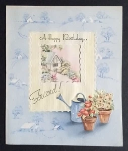 A Happy Birthday Friend Sparkle Greeting Card c1950s Unused Watering Can Flowers - Picture 1 of 4