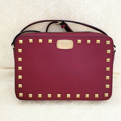 Michael Kors Red Saffiano Leather Gold Studs East West Crossbody Bag 9" W x 6" H - Image 1 of 4