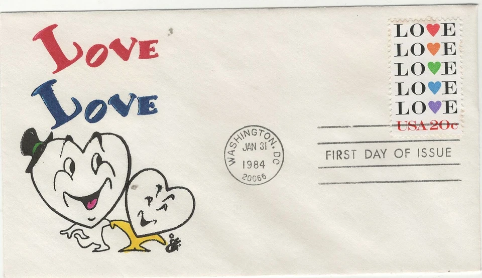 USA 1984 HAND PAINTED RICHARD ELLIS ANIMATED FIRST DAY COVER "LOVE" + CACHET - Image 1 of 1