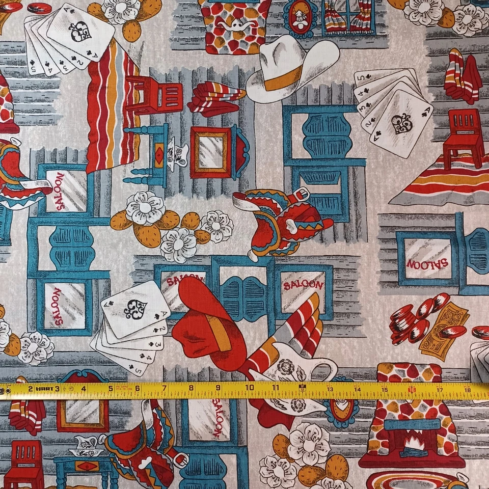 Vtg Cowboy Western Saloon Red Blue Fabric Man Cave Canvas  Wamsutta 62 x 44 - Image 1 of 1