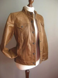 CHAQUETA DE CAMIONERO DE CUERO ENVEJECIDO 12 10 BIKER BOMBER abrigo suave descolorido damas GAP - Imagen 1 de 15