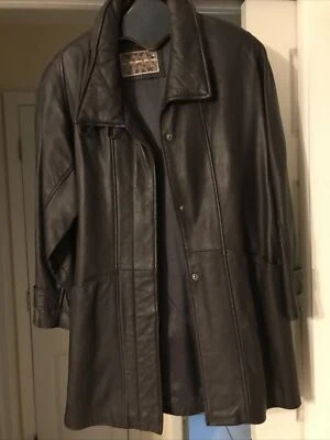 复古女式内衬皮革夹克外套棕色金属扣领“M” — 第 1/4 张图片