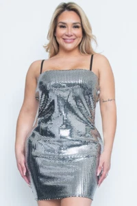 Womens Plus Size Silver Metallic Mini Dress 2X Summer Party Travel Stretch - Picture 1 of 3