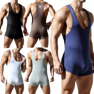 Men's One-piece Boxers Bodysuit Sport Fitness Jumpsuit Wrestling Singlet Leotard - Picture 1 of 45