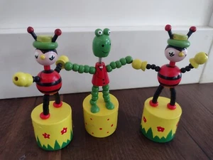 Vintage Wooden Push Button Dancing Bees and Frog Puppets Figures Lot of 3 - Picture 1 of 7