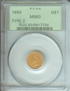 1855 Type 2 Gold Dollar G$1 PCGS MS63 OLD Green Holder OGH Premium Quality PQ - Picture 1 of 2