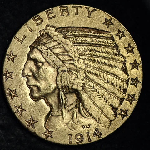 1914-D $5.00 Gold Indian Half Eagle CHOICE AU+/UNC E378 KRFHT Cover