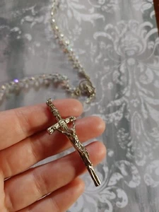 Vintage necklace Religious Christian cross crucifix rosary AB  crystal beads - Picture 1 of 5