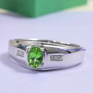 Natural Peridot & CZ Gemstones with 925 Sterling Silver Ring For Men's #456 - Picture 1 of 4