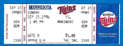 Boleto sin usar 15 de septiembre 1996 Minnesota Twins V. Mariners * Ken Griffey Jr. HR #234 Foto 1 de 3