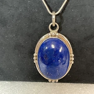 16in Sterling Silver Necklace with Large Lapis Lazuli Oval Pendant 20.35g Vintag - Picture 1 of 13