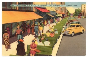 VTG The Famous Green Benches, St. Petersburg, Florida Postcard - Picture 1 of 2