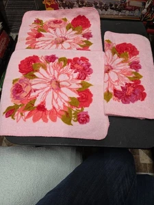Vtg Cannon Washcloth Set 1970s Pink Floral Flower Power 3 Pieces Excellent - Foto 1 di 3